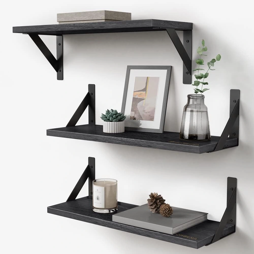 Beautifully arranged floating shelves in a modern living room