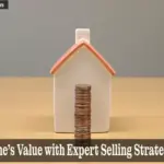 Stack of coins in front of a house model, symbolizing selling your home for profit