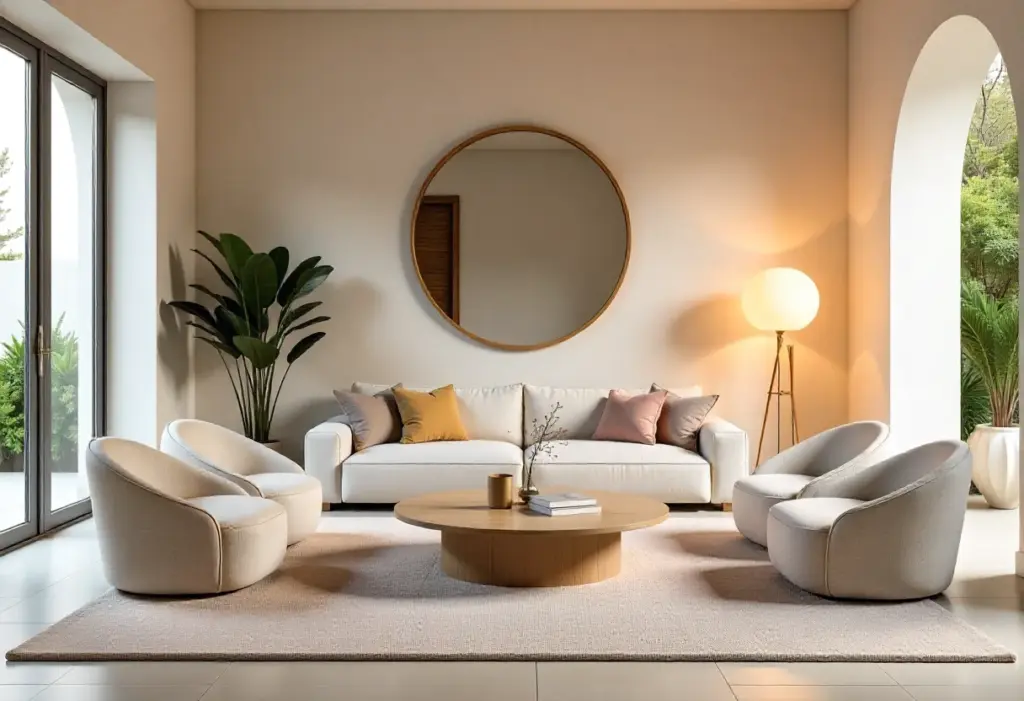 A bright living room featuring white furniture and a large round mirror on the wall, creating a spacious atmosphere.