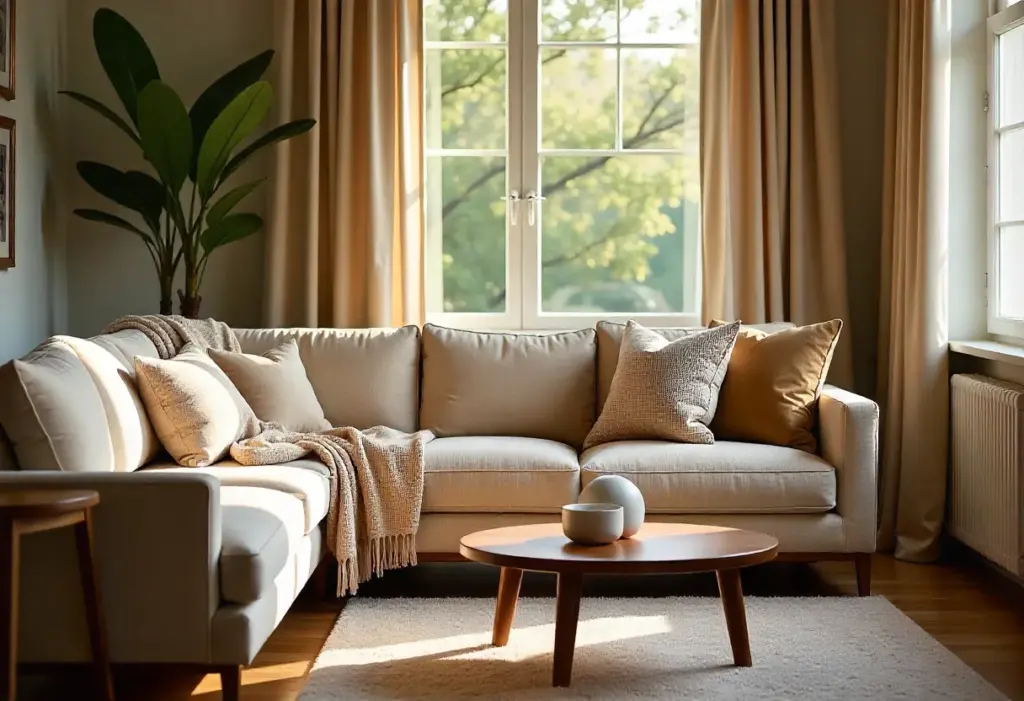 A cozy living room featuring a couch, coffee table, and a large window letting in natural light.