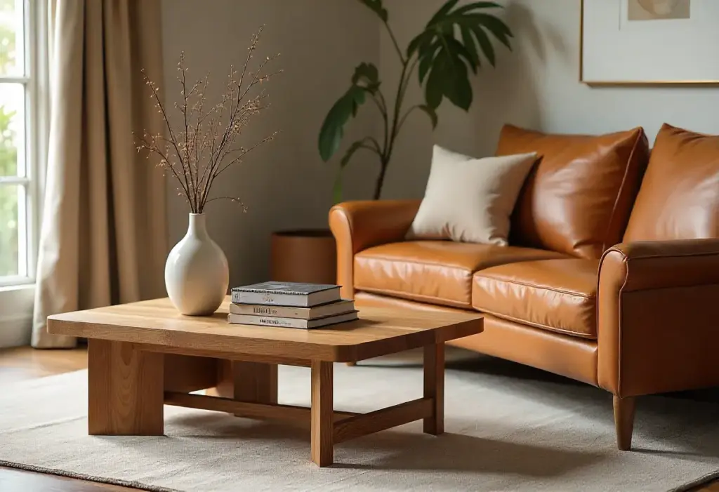 A cozy living room featuring a leather couch and a stylish coffee table.