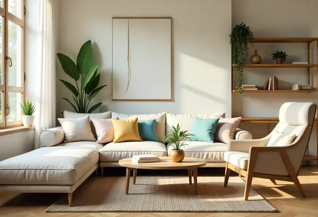 A cozy living room featuring a white couch, a matching chair, and a stylish table.