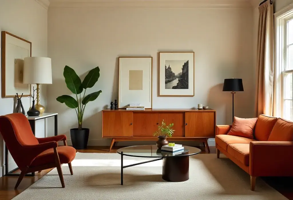 A cozy living room featuring vibrant orange furniture and a green plant, creating a warm and inviting atmosphere.