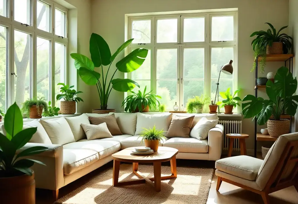 A cozy living room filled with various indoor plants, creating a vibrant and refreshing atmosphere.