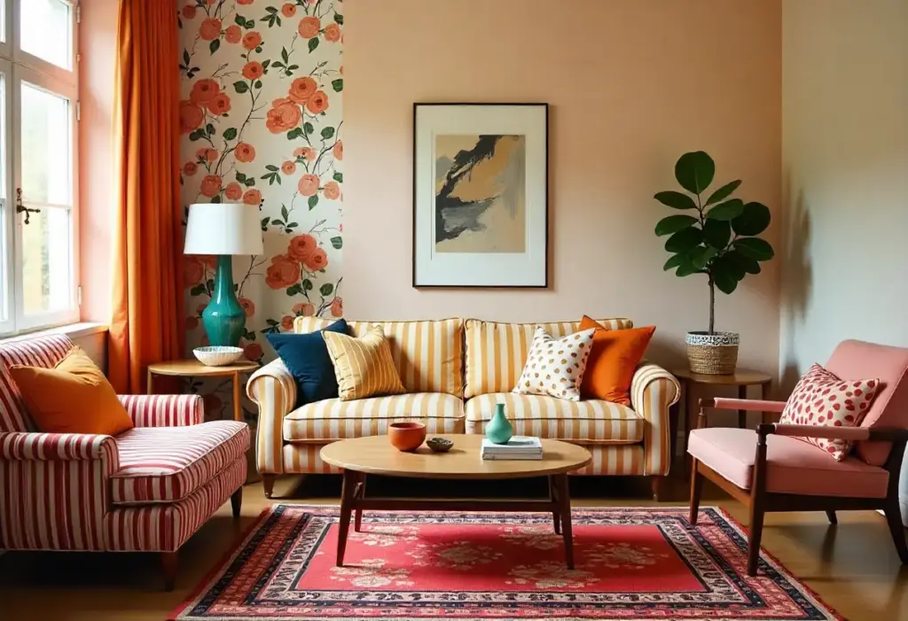 A living room featuring orange and pink striped furniture, creating a vibrant and inviting atmosphere.