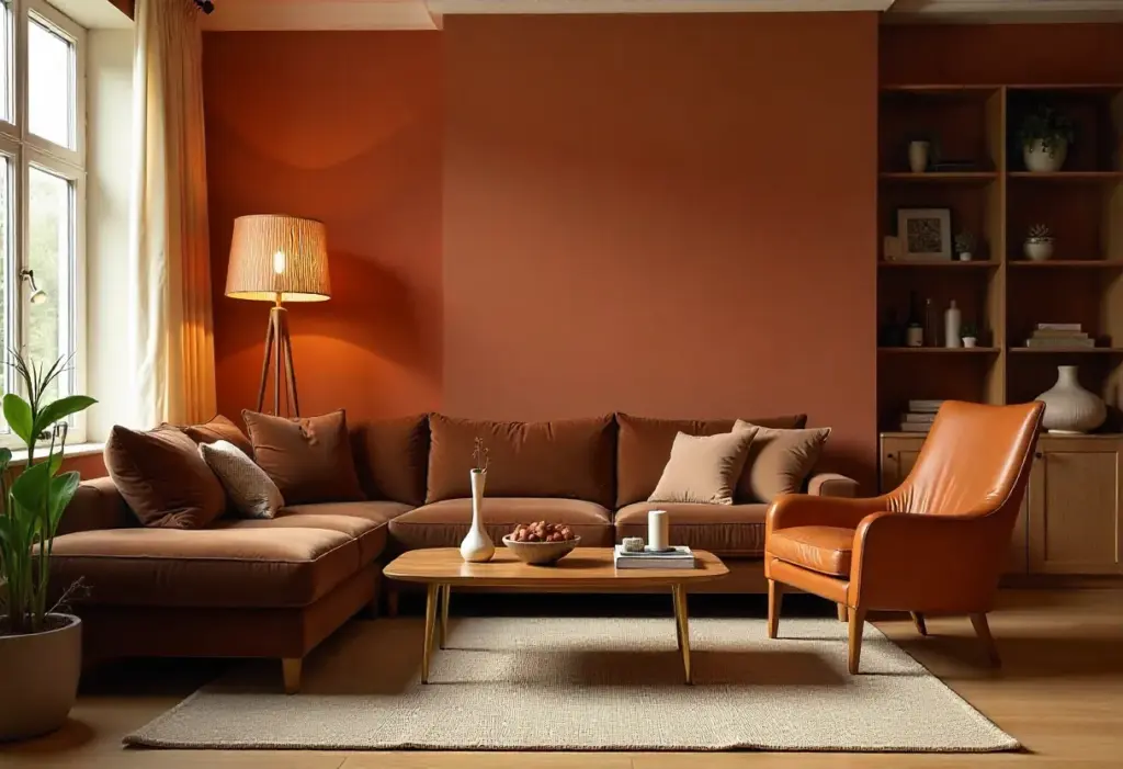 A living room featuring vibrant orange walls and stylish brown furniture, creating a warm and inviting atmosphere.