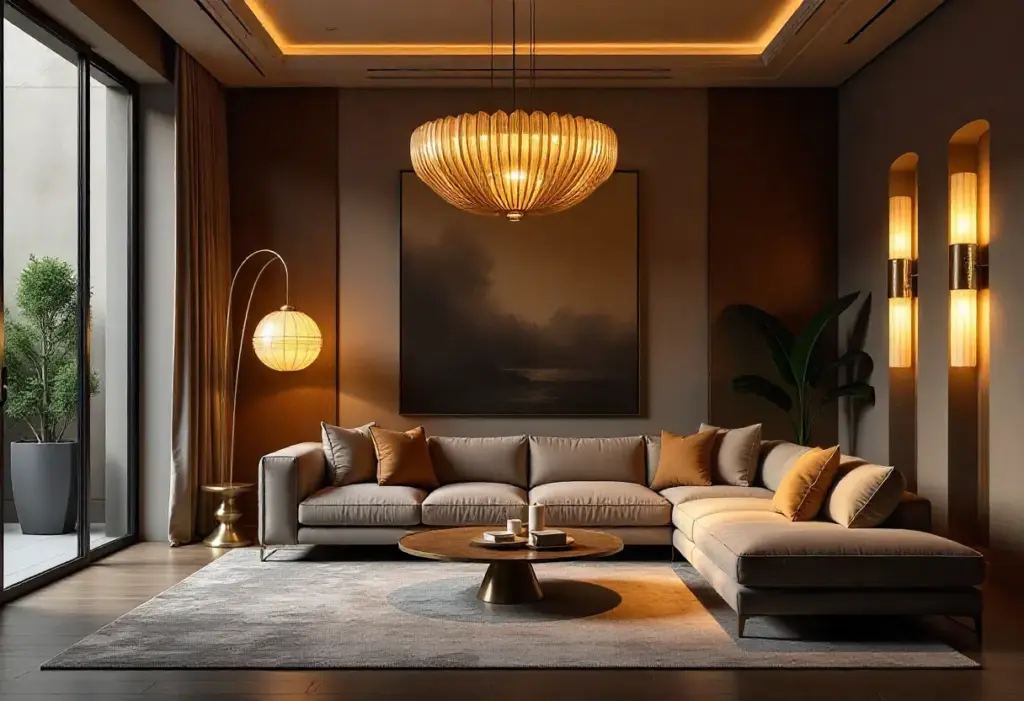 A modern living room featuring a large painting prominently displayed on the wall.