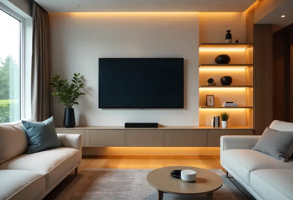 A modern living room featuring a television and stylish shelves filled with decorative items.