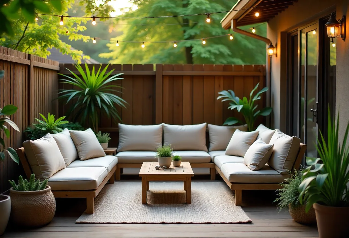 A serene patio with wooden decking, outdoor seating, string lights, and potted plants, perfect for relaxation and connection with nature.