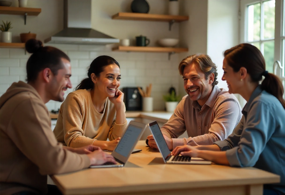 Four diverse individuals of different ages and ethnicities sit at a kitchen table, using laptops and tablets, smiling and chatting.