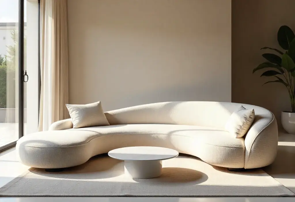 A white couch positioned in a room featuring a large window, allowing natural light to fill the space.