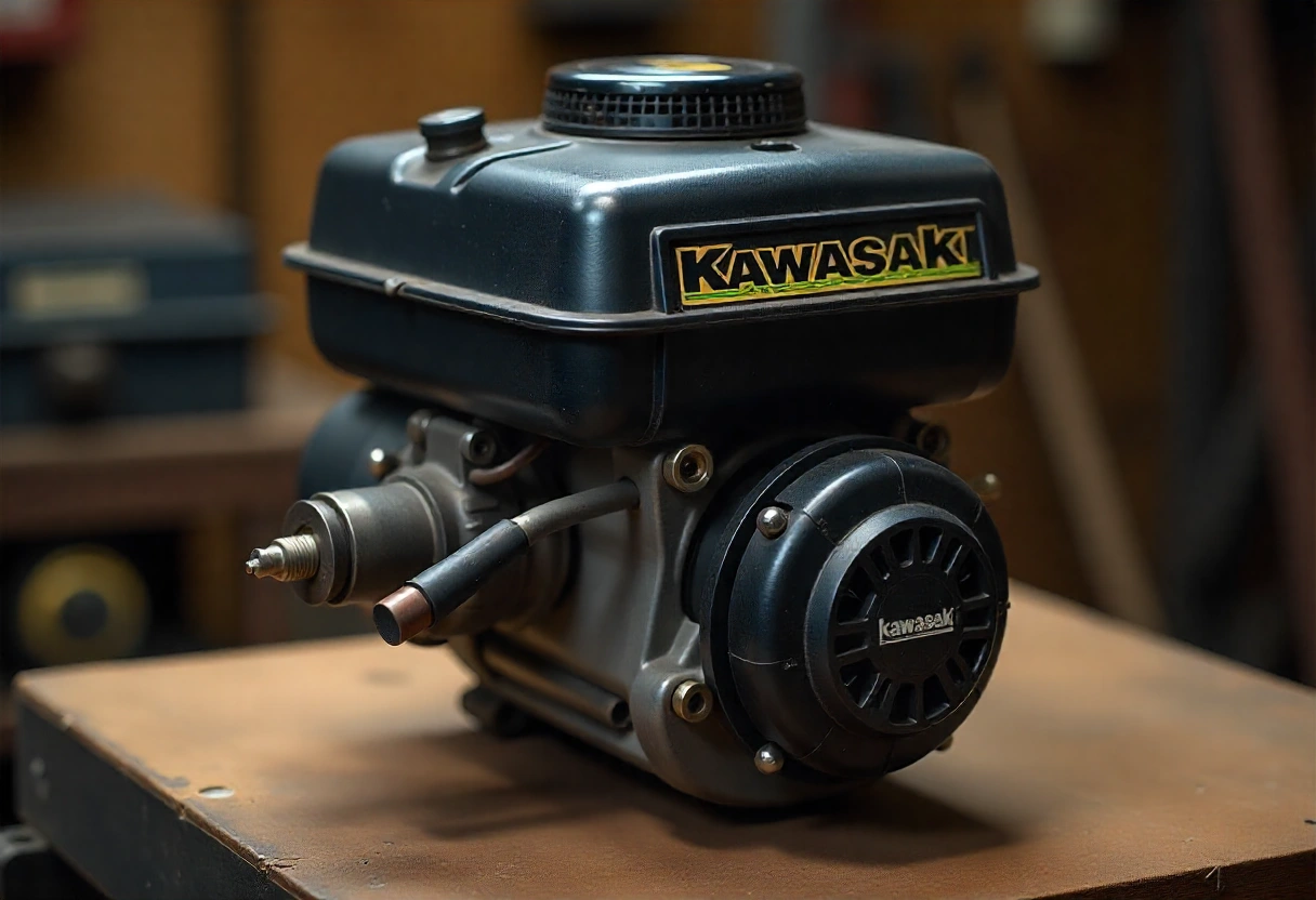 A detailed 6 HP Kawasaki lawn mower engine on a wooden table, showcasing the recoil starter and spark plug in realistic lighting.