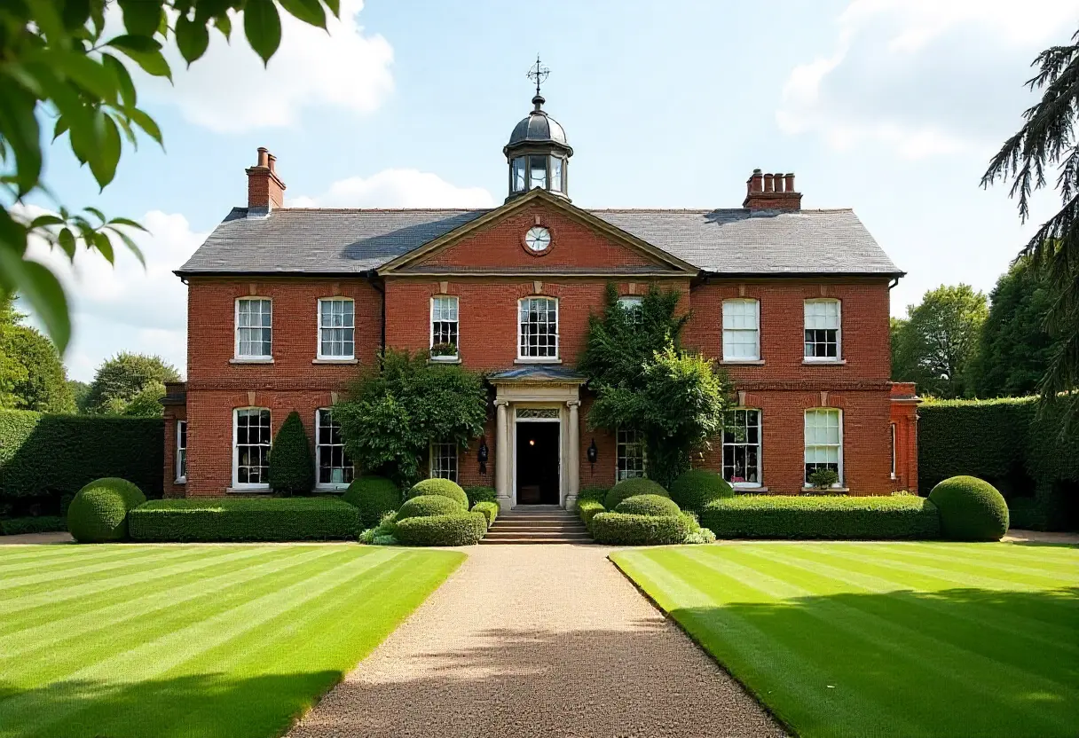 A large red brick mansion with a dome and cupola, surrounded by a lush lawn and hedges, showcasing Georgian architecture.