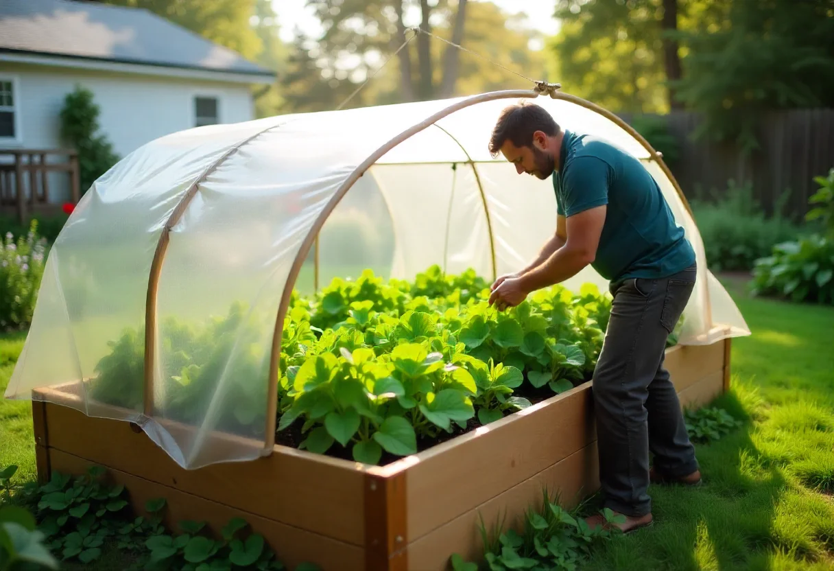 Gardener opening the greenhouse cover of a raised garden bed to control temperature.
