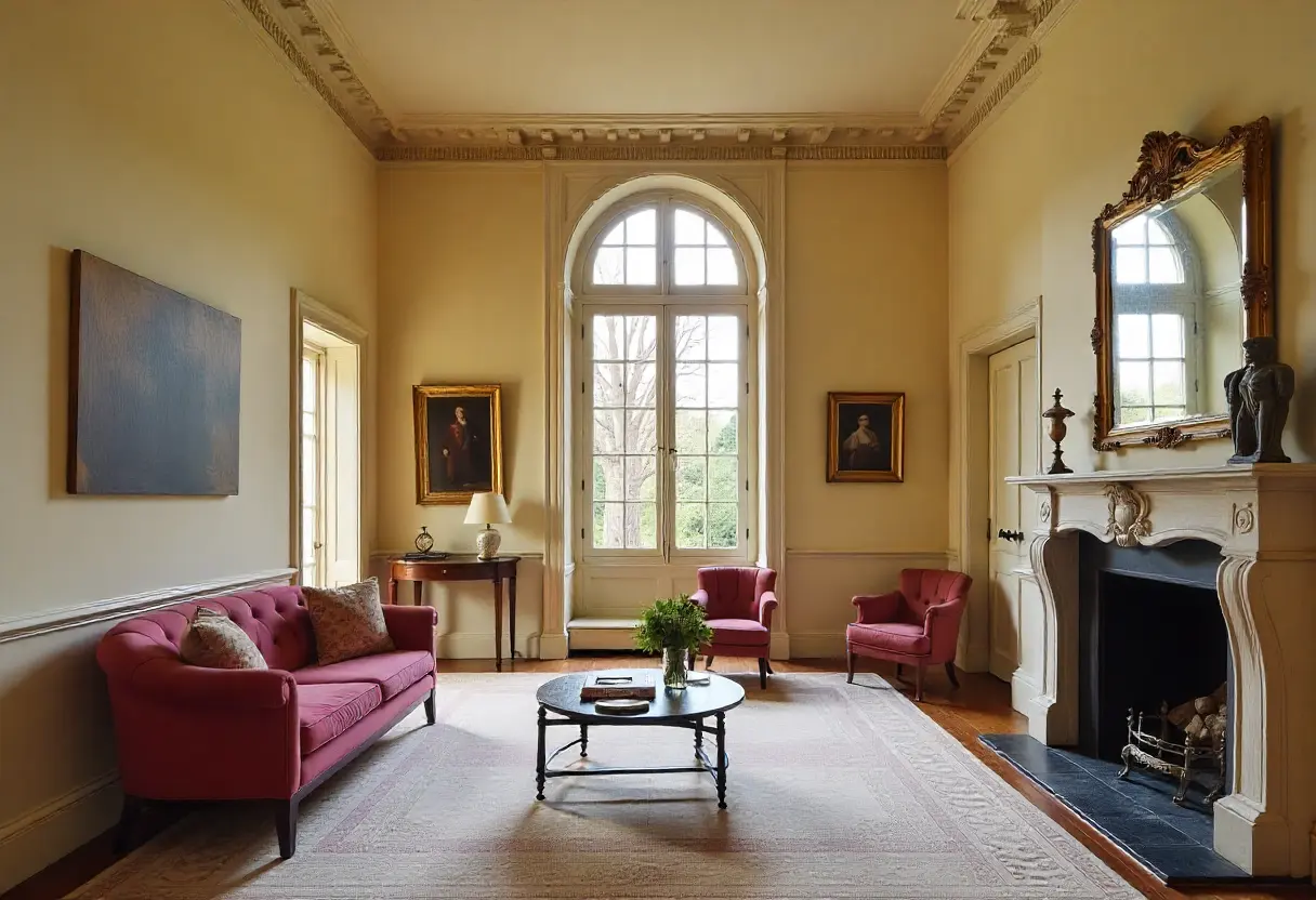A historic living room featuring a fireplace and two modern red couches, blending classic and contemporary design elements.