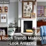 A collage showcasing various living rooms, each featuring stylish blue furniture in diverse arrangements and designs