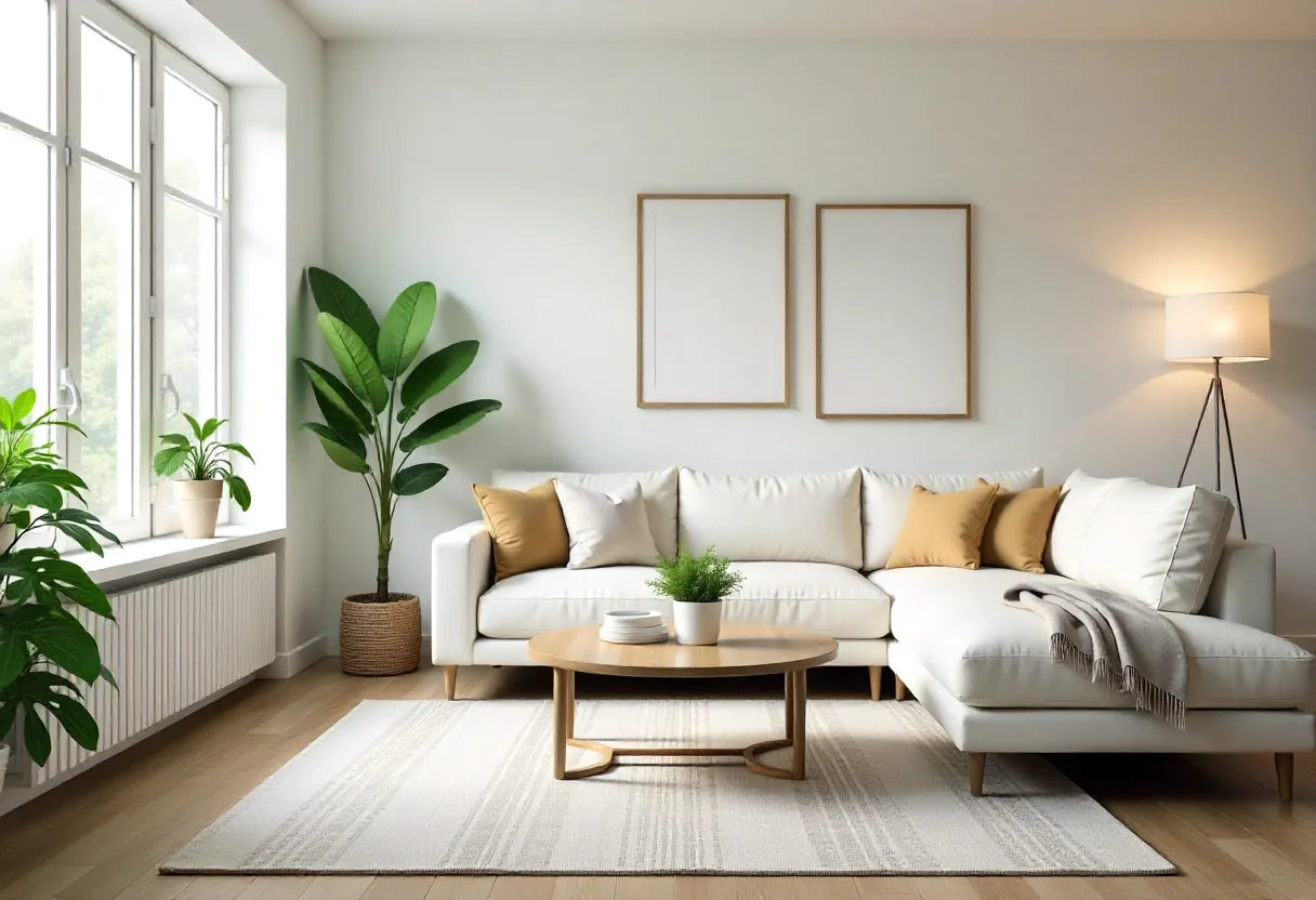 A bright, organized white living room with a sofa, wooden coffee table, two framed pictures, and decorative plants.