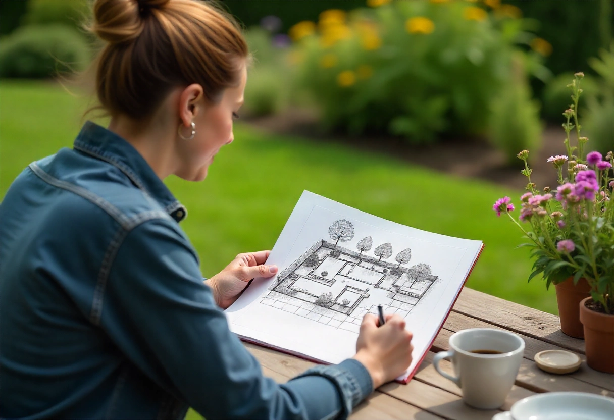 A woman sketches a house layout outdoors, surrounded by sunlight, garden beds, and tools, creating a relaxed, creative atmosphere.