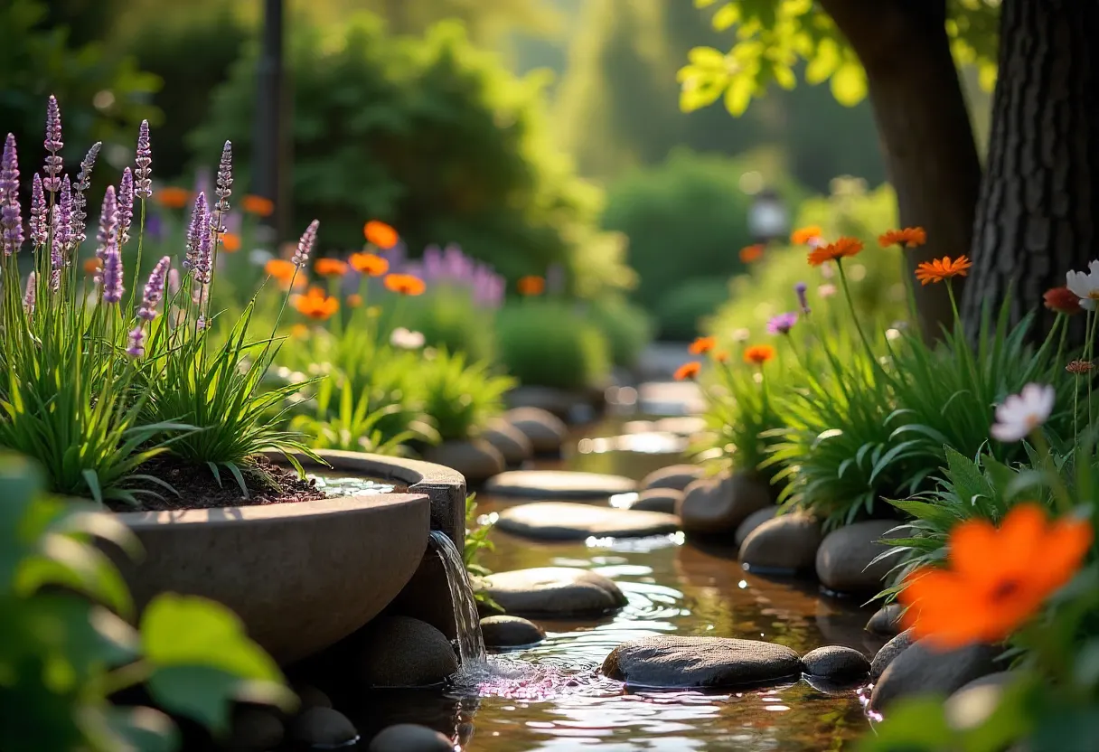 A serene stream flows through a vibrant garden filled with colorful flowers, enhancing the multi-sensory experience.