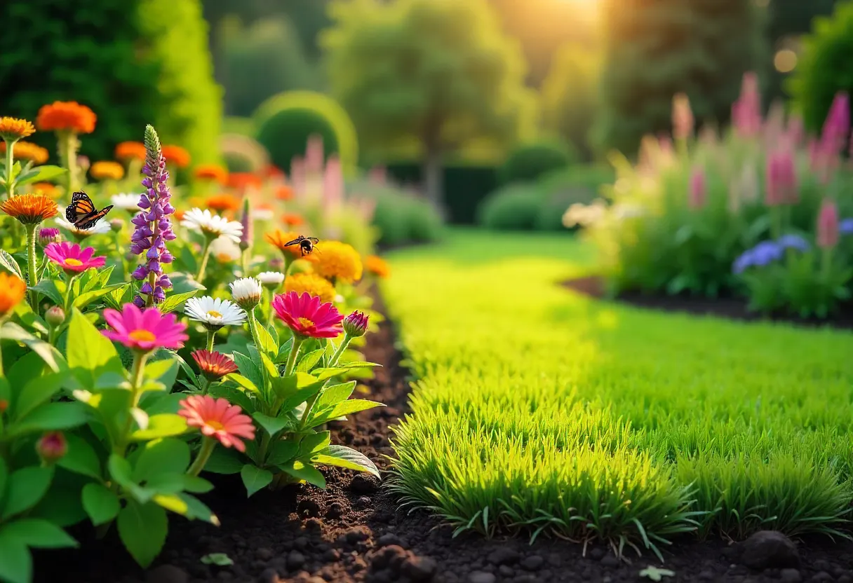A vibrant native plant garden featuring colorful flowers and lush grass, designed for low maintenance and sustainability.