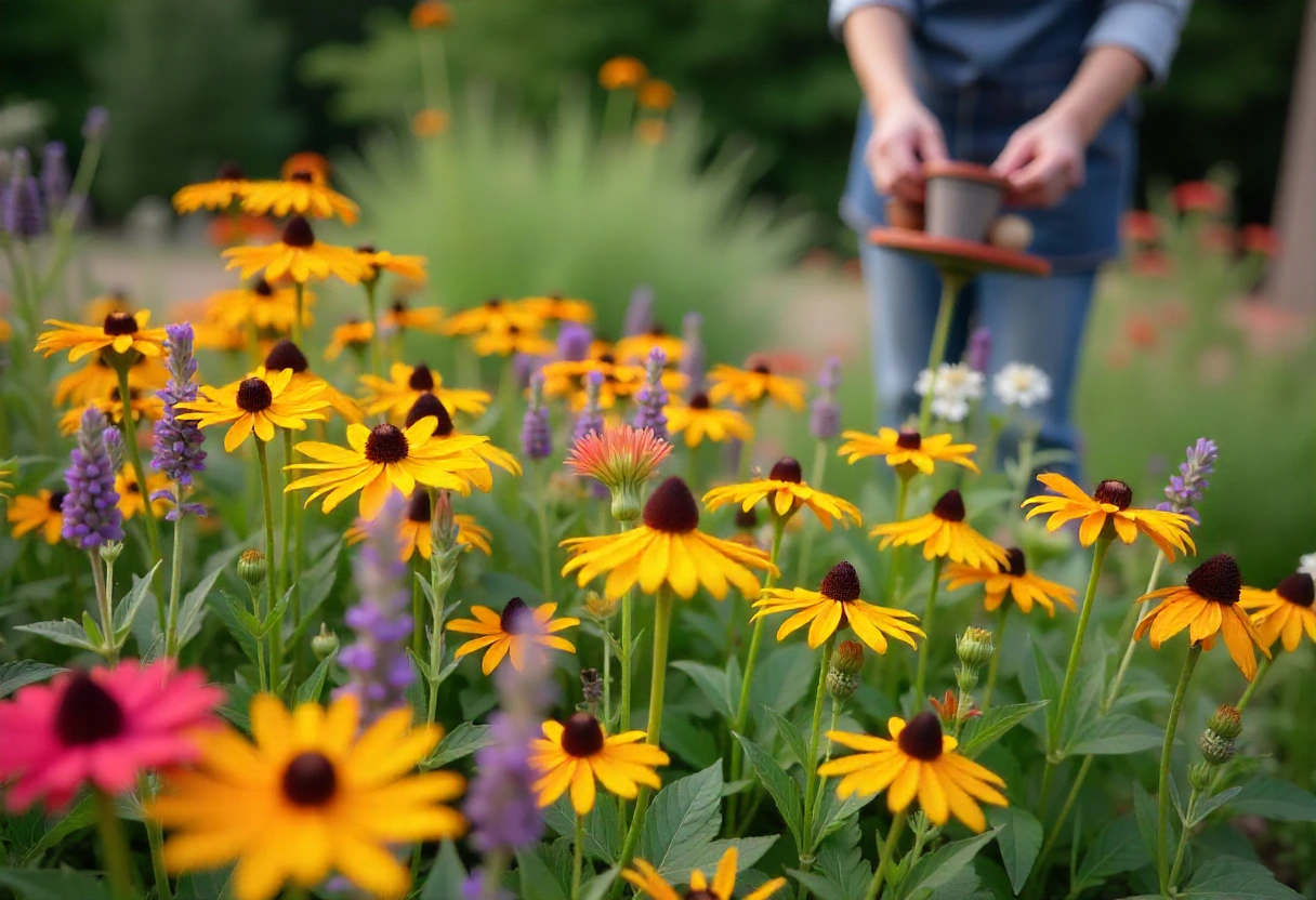 A woman waters vibrant flowers in a sunny backyard garden filled with black-eyed Susans, lavender, and marigolds.