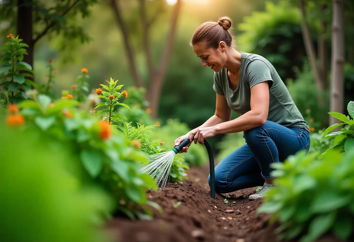 A woman kneels in a lush garden, watering plants with a hose, surrounded by compost bins and healthy greenery.