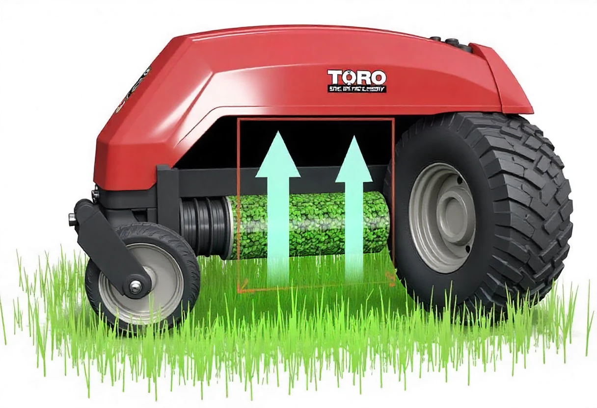 Cross-section of a Toro Recycler mower showing mulching technology, airflow arrows, and fine grass clippings being mulched.