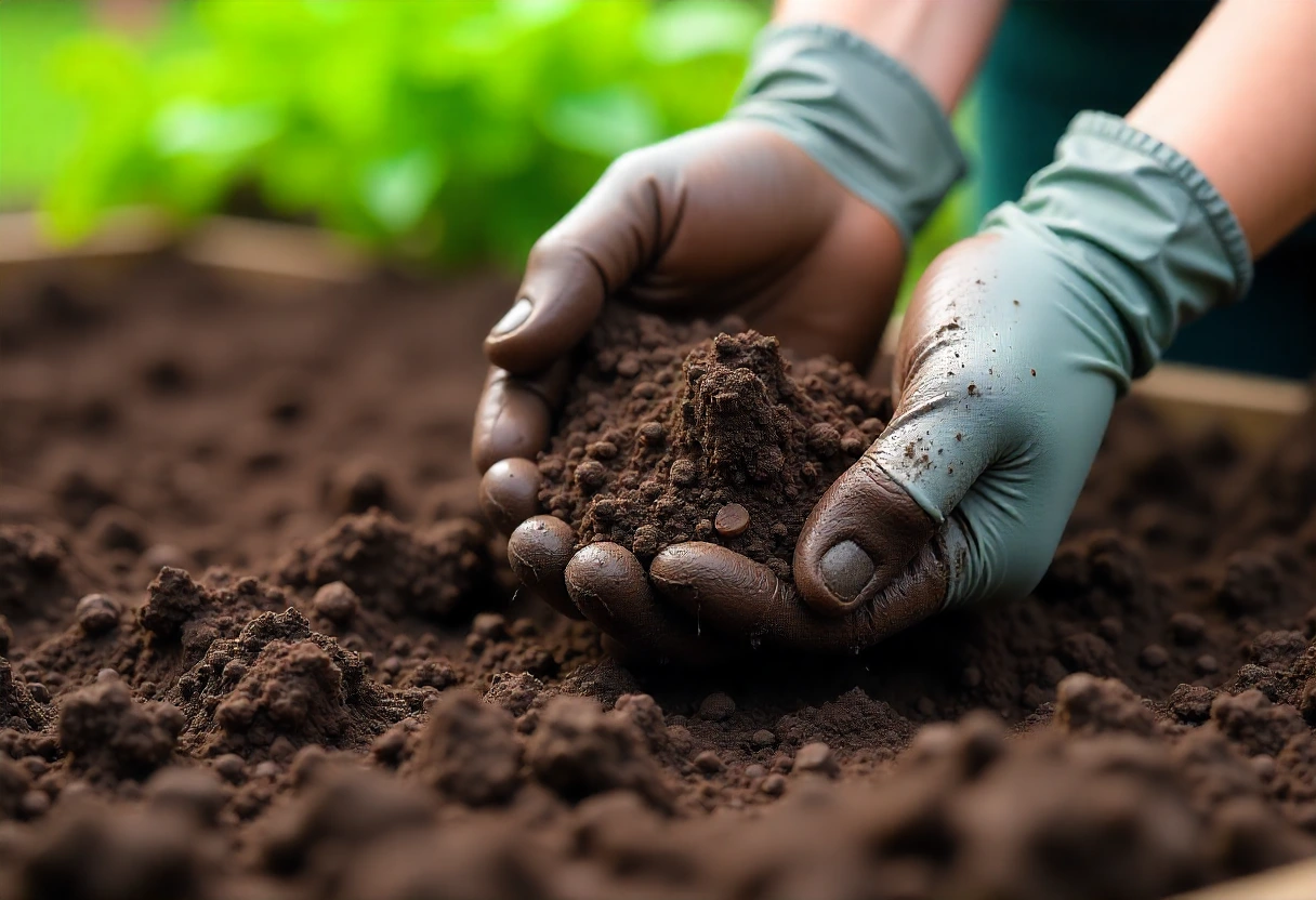 Close-up of gloved hands holding rich, dark soil with worms and organic matter, set against lush garden beds.