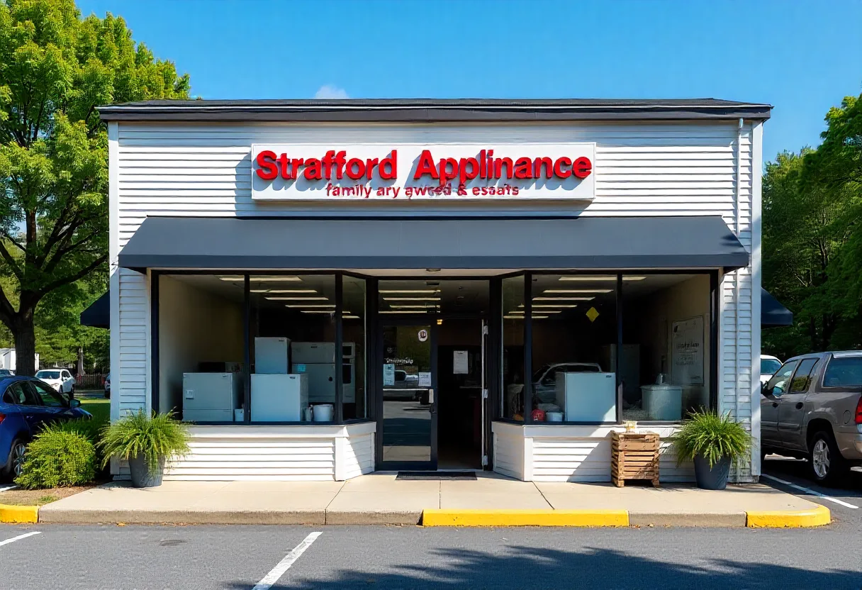 Exterior of Strafford Appliance store in Dover, NH, featuring bright signage, large windows, and a clean parking area.