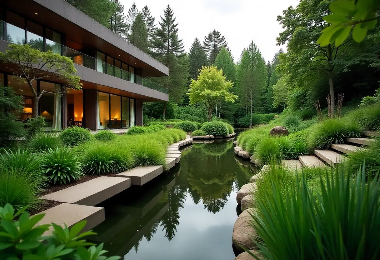 A landscaped garden featuring water features and a house, designed by KDArchitects, showcasing Roger Morph's ideas.