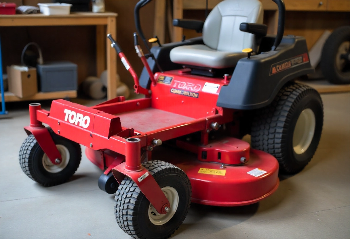 Close-up of a red Toro commercial lawn mower in a garage, highlighting its control handles and sturdy design.