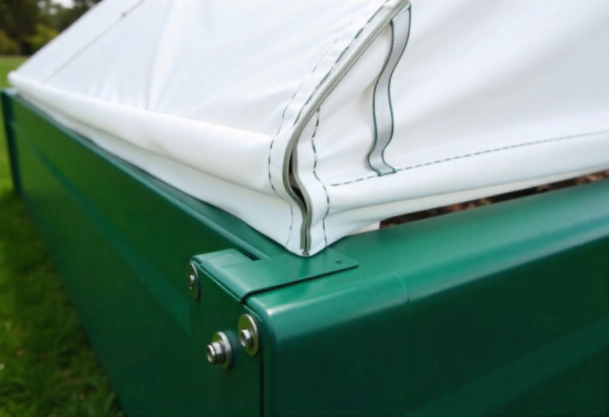 Close-up of galvanized steel frame and UV-resistant polyethylene greenhouse cover with zippered vents.