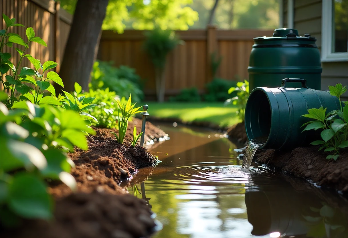 Drip irrigation system in a lush garden with a decorative rain barrel, promoting sustainable watering and eco-friendly practices.