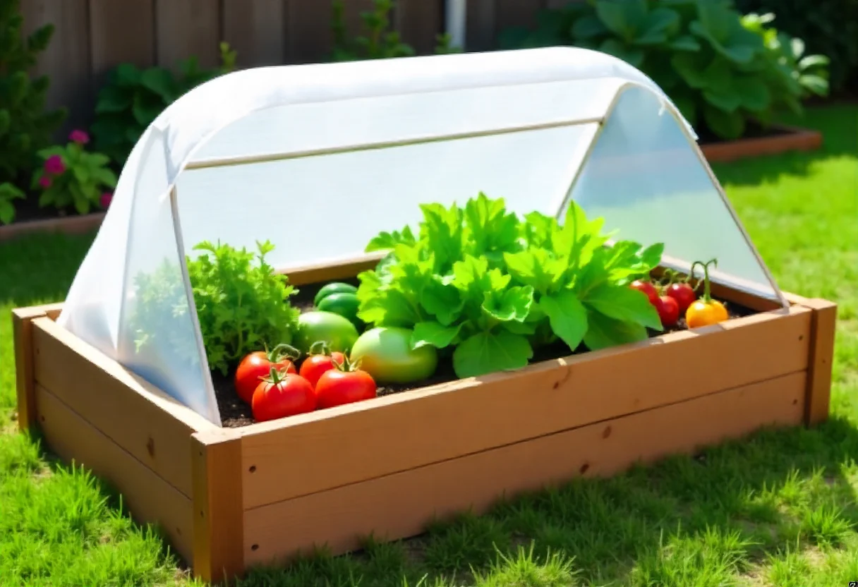Various vegetables and herbs thriving in an open Timberlake Raised Garden Bed after greenhouse cover removal.