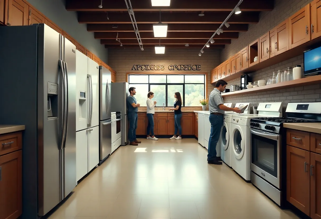 A cozy kitchen showroom with people gathered around a refrigerator, showcasing various home appliances and friendly staff.
