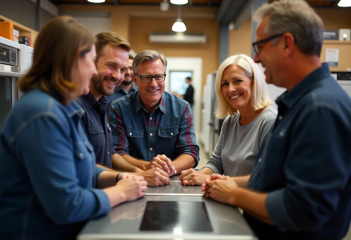 A group of diverse people in a factory, gathered around a tablet, sharing ideas in a friendly, professional atmosphere.