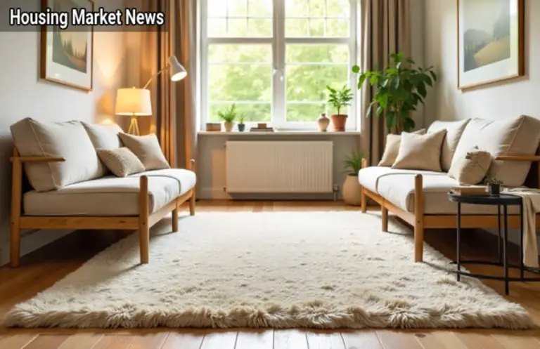 Wollmatten A cozy modern living room with two couches, a wool rug, wooden furniture, and sunlight creating a warm atmosphere.