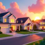 Bloxburg House Ideas A vibrant sunset over a Bloxburg neighborhood showcasing diverse Roblox houses, including a mansion, cottage, and beach house.