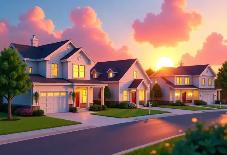 Bloxburg House Ideas A vibrant sunset over a Bloxburg neighborhood showcasing diverse Roblox houses, including a mansion, cottage, and beach house.
