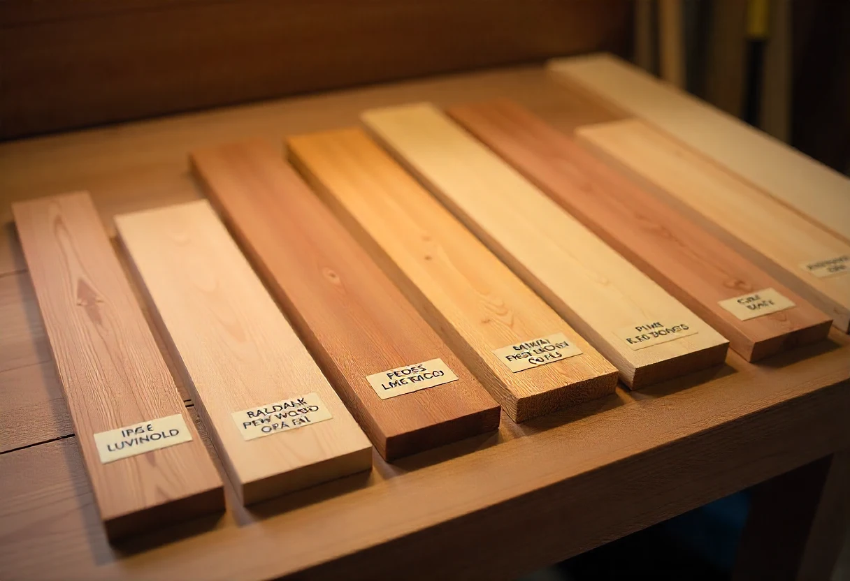 A workbench displaying labeled samples of cedar, pine, redwood, oak, and Douglas fir, showcasing their natural wood grain.