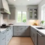 Gray Kitchen Ideas Modern kitchen featuring matte gray cabinets, white quartz countertops, and stainless steel appliances in natural daylight.