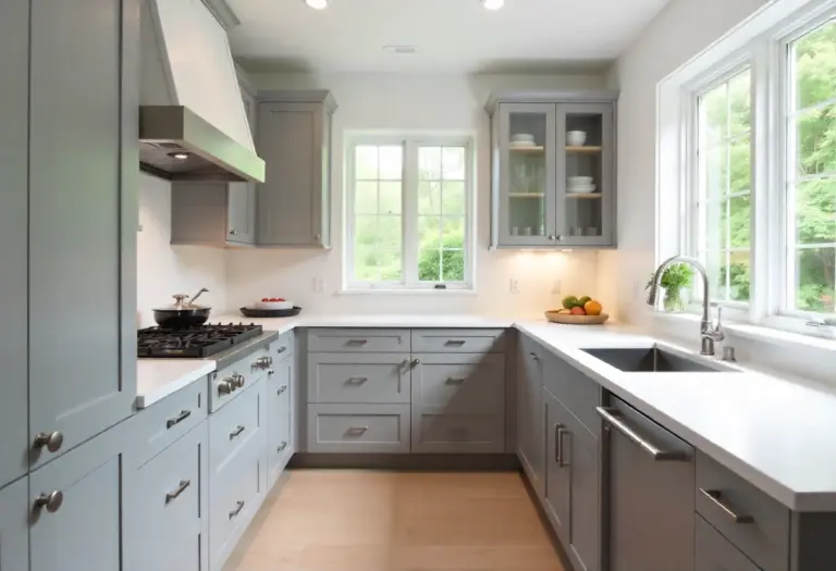 Gray Kitchen Ideas Modern kitchen featuring matte gray cabinets, white quartz countertops, and stainless steel appliances in natural daylight.