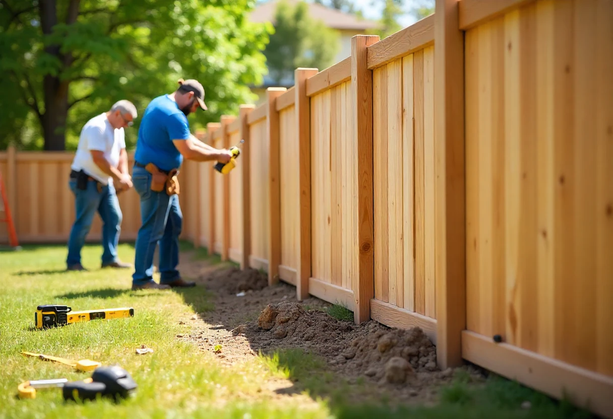 Two men installing a wooden fence in a sunny backyard, using tools like a level, drill, and tape measure.