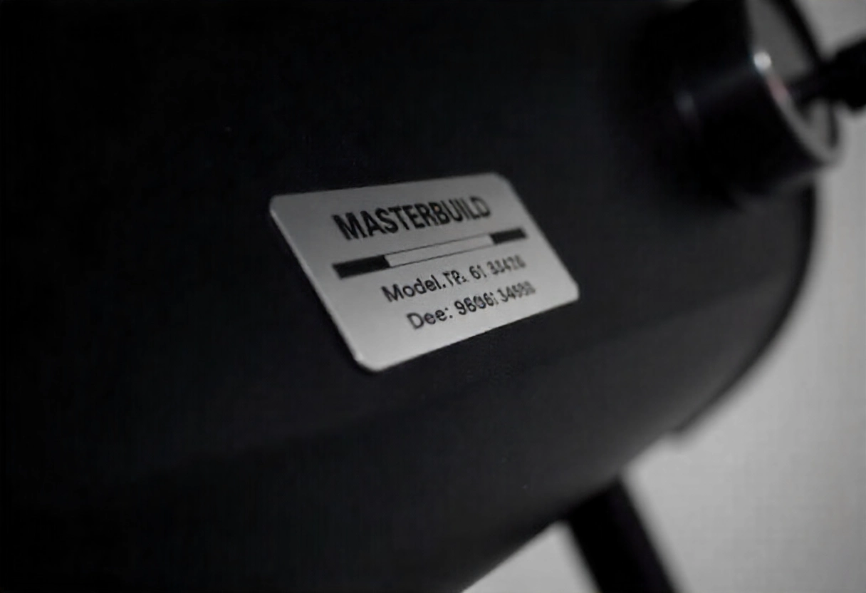 Close-up of a silver rating label on a Masterbuilt electric smoker, showing model and serial numbers in clear lighting.