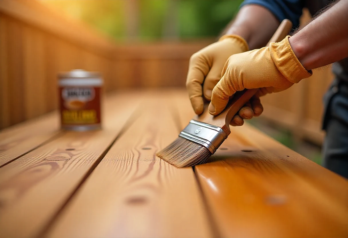 Close-up of hands applying wood stain to a cedar fence with a brush, wearing gloves, can of stain nearby, warm tones.