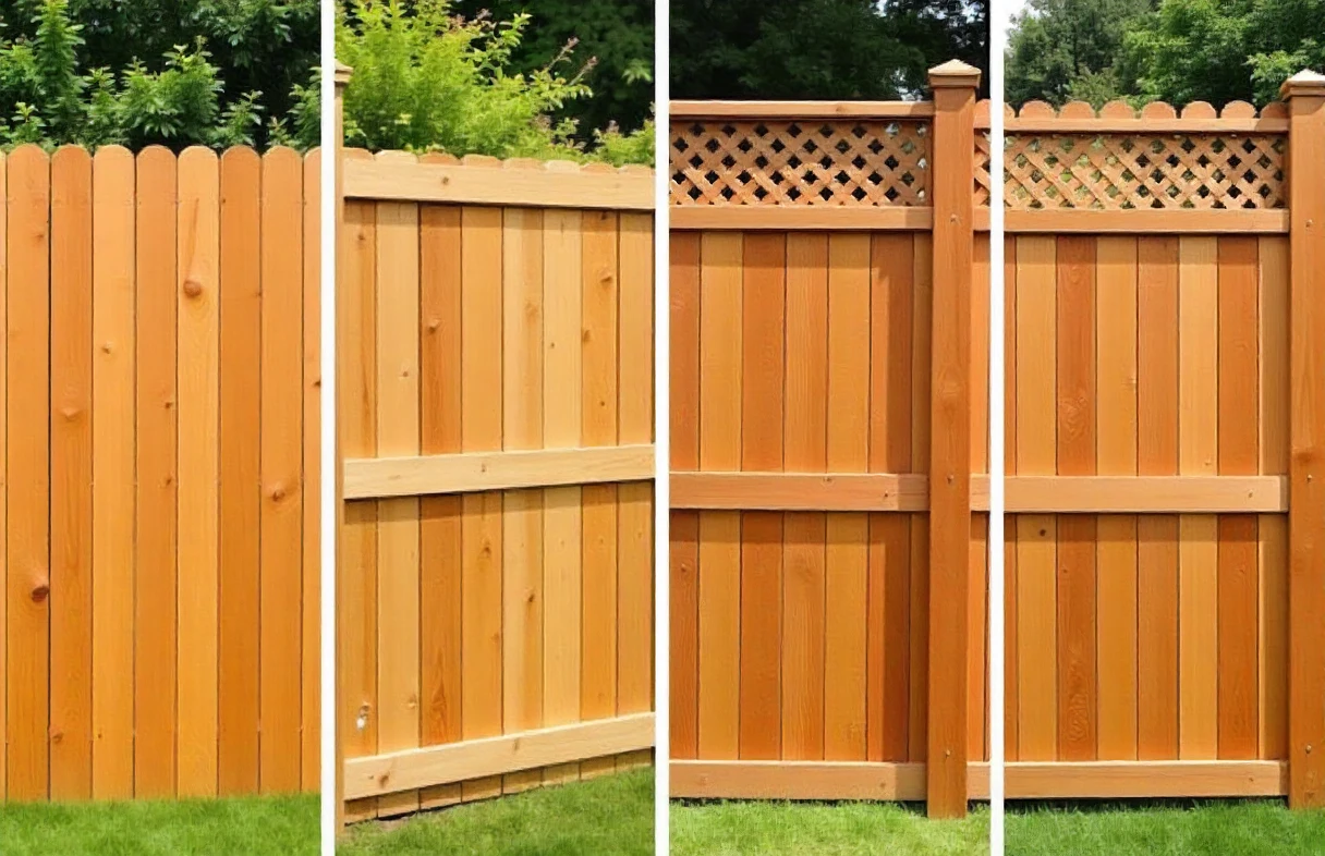 A collage of four wooden fence types: privacy, picket, slatted, and lattice top, displayed in bright daylight outdoors.