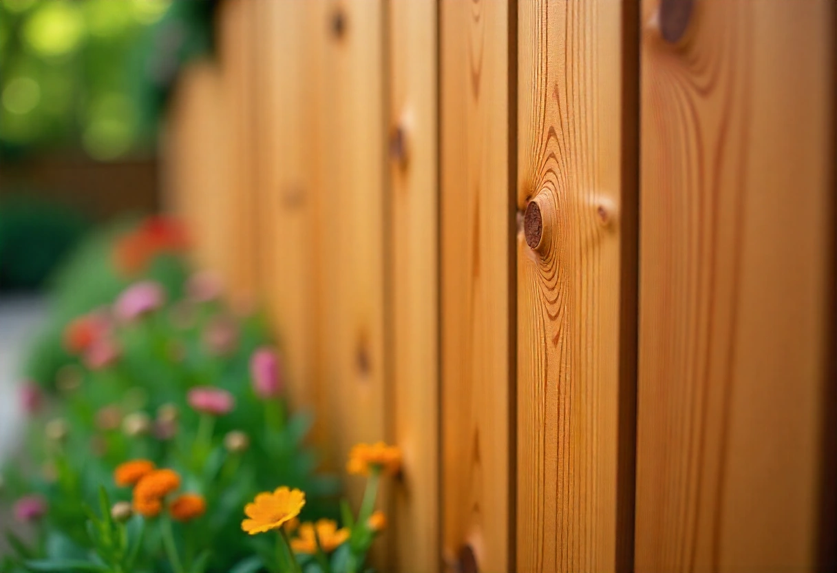 Close-up of a textured wooden fence with warm tones, surrounded by colorful garden flowers in soft focus.