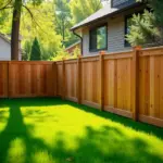 Wooden Fence Panels A suburban backyard featuring a newly installed cedar fence, lush green grass, and sunlight filtering through trees.