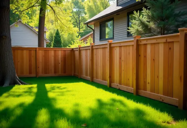 Wooden Fence Panels A suburban backyard featuring a newly installed cedar fence, lush green grass, and sunlight filtering through trees.