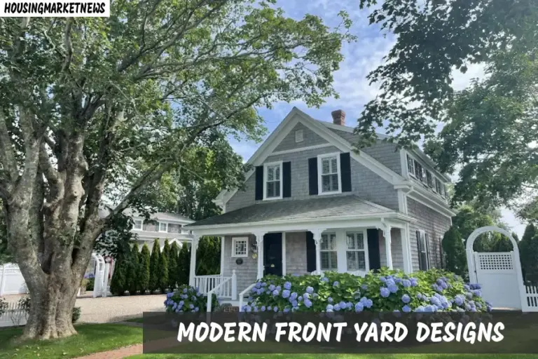 Modern front yard designs with a white house and clean outdoor landscaping